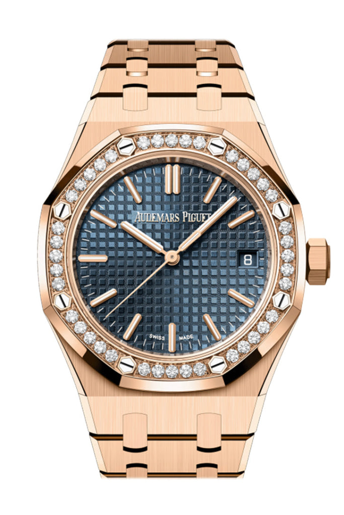 Audemars Piguet Royal Oak 37 Rose Gold Diamond Bezel Blue Dial Watch 1 WatchGuyNYC