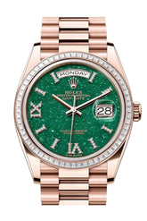 Rolex Day Date 36 Green Aventurine Roman Dial Diamond Bezel Rose Gold President Bracelet 128395Tbr