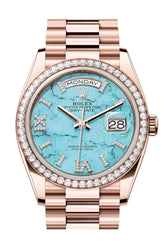 Rolex Day-Date 36 Turquoise Dial Diamond Bezel 18K Everose Gold President Watch 128345RBR