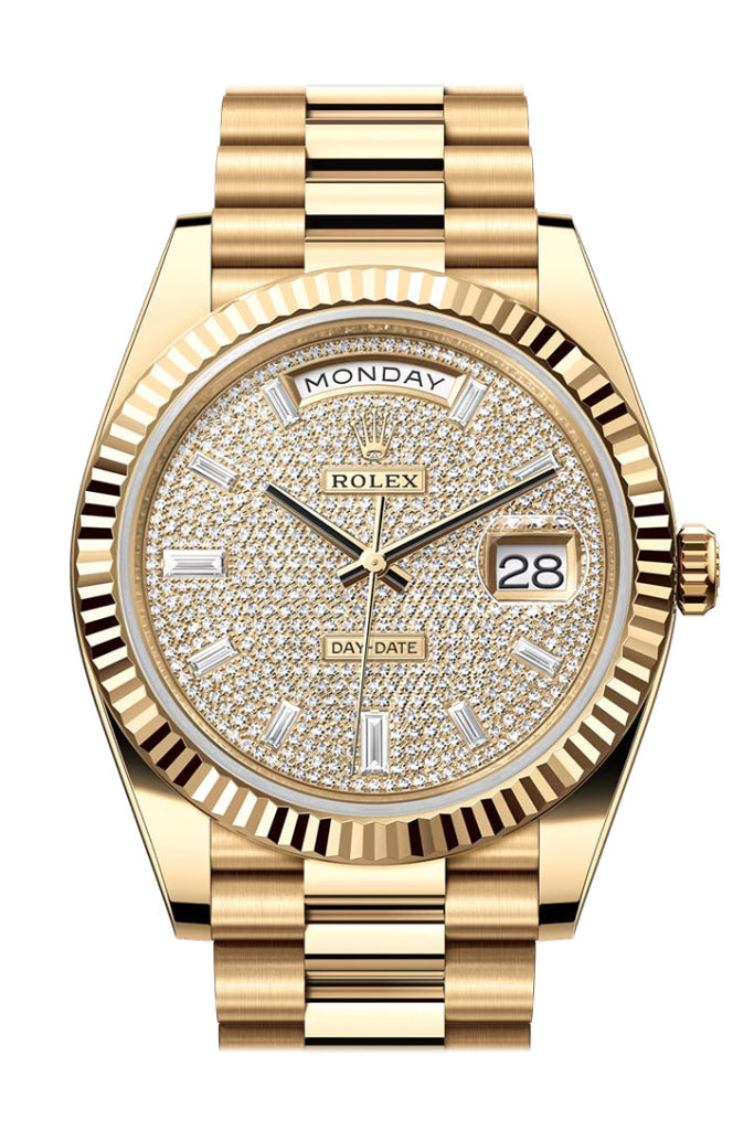 Rolex Day Date 40 Pave Diamond Dial Fluted Bezel Yellow Gold
