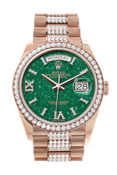 Rolex Day-Date 36 Green Aventurine Dial Diamond Bezel 18K Everose Gold President Watch 128345Rbr