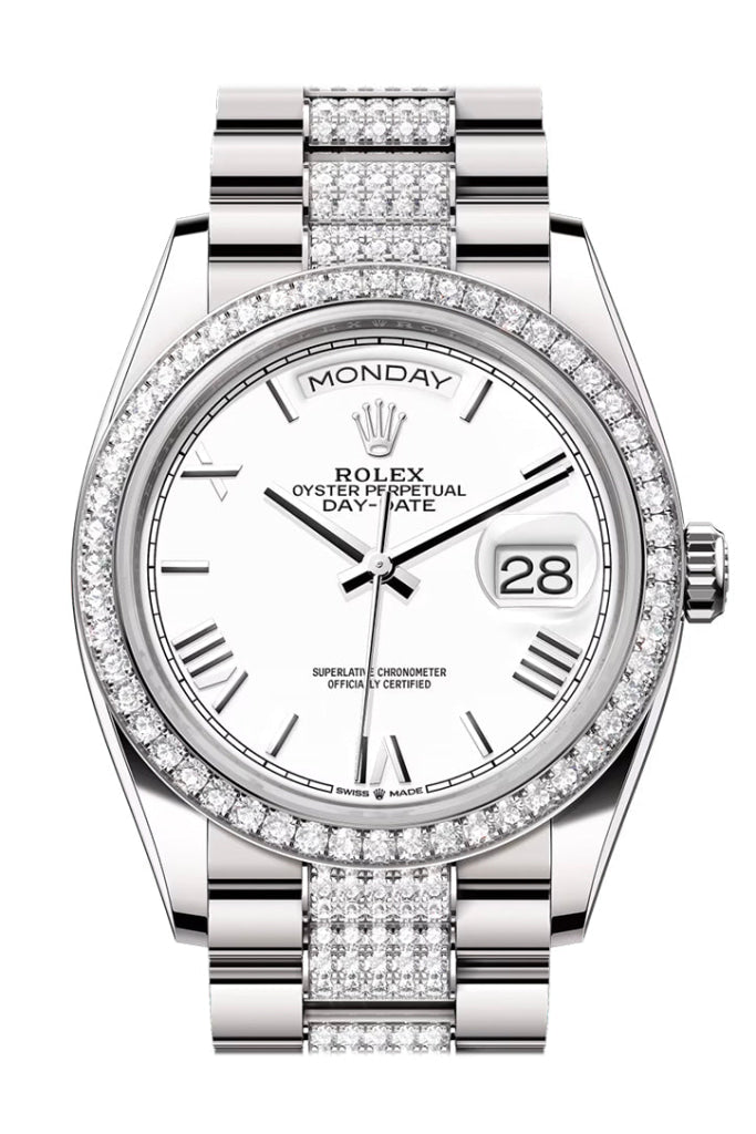 Rolex Day Date 36mm White Roman Dial Diamond Bezel White Gold