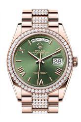 Rolex Day Date 36 Olive Green Diamond Dial Diamond Bezel Rose Gold President Diamond Bracelet 128345RBR-0086