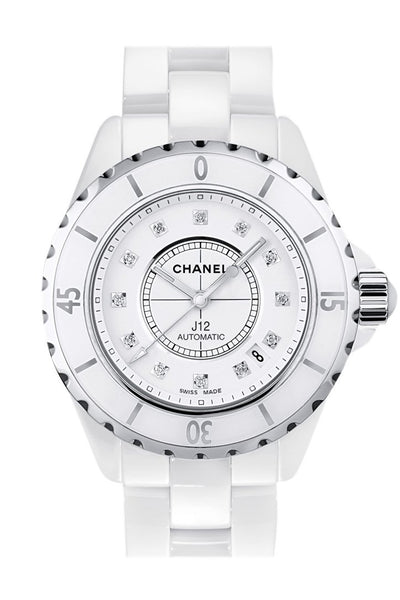 anspændt Blive opmærksom Altid Chanel J12 Diamond White Ceramic Midsize Unisex Watch H1629 | WatchGuyNYC