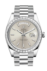 Rolex Day-Date 40 Silver Stripe Motif Dial Baguette Diamond Bezel Platinum President Automatic