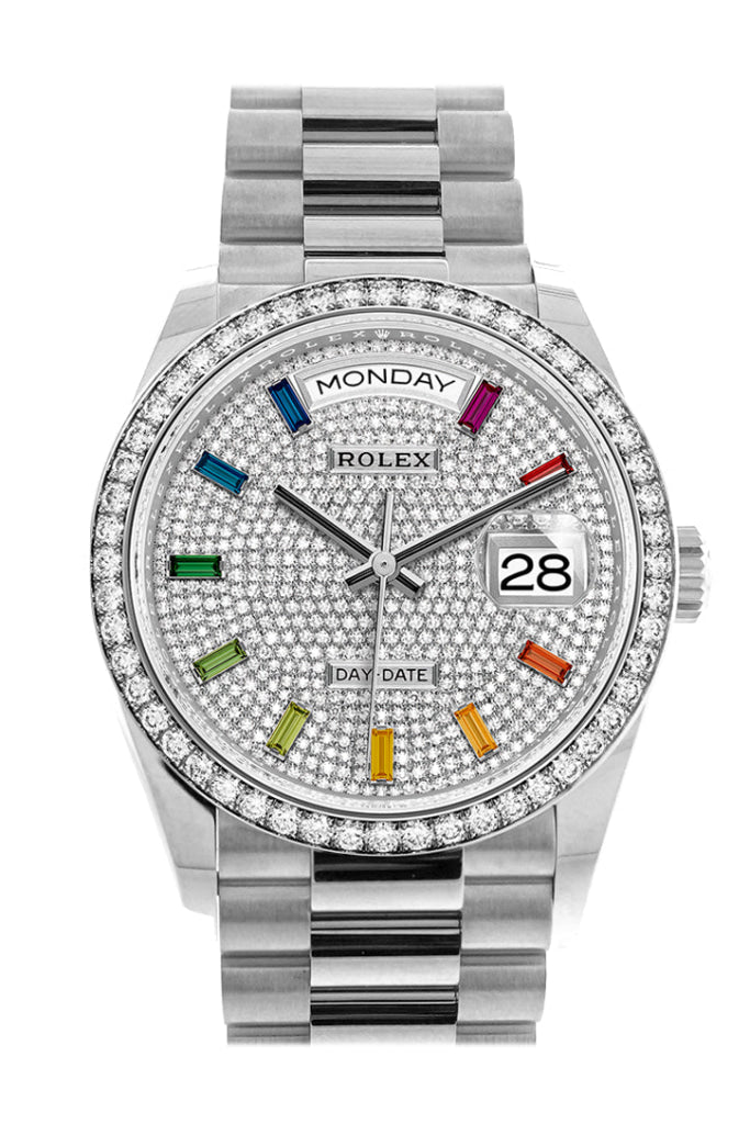 Rolex Day-Date 36 Fluted Bezel Diamond Paved Rainbow Sapphire Dial