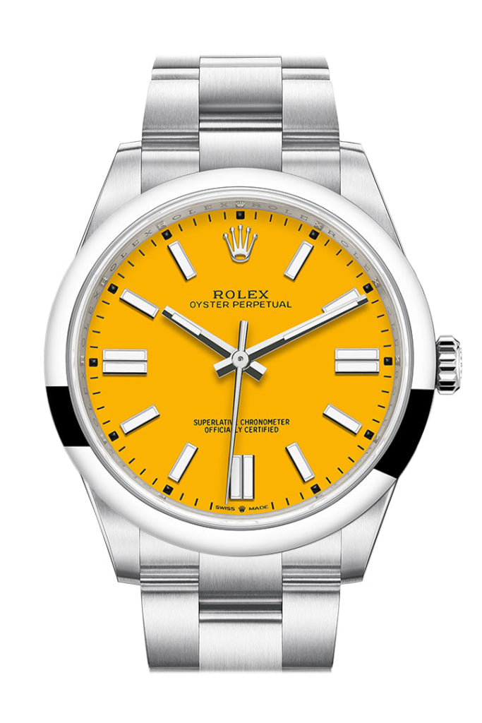 Rolex Oyster Perpetual 41 Yellow Dial Oyster Bracelet Watch 124300 DC WatchGuyNYC