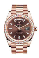 Rolex Day-Date 40 Chocolate 10 Baguette-Cut Diamonds Dial Diamond Bezel 18K Everose Gold President