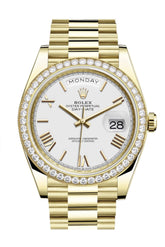 Rolex Day-Date 40 White Roman Dial Diamond Bezel 18K Yellow Gold President Automatic Men’s Watch