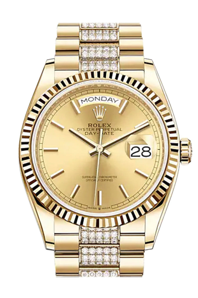 Rolex Day Date 36 Champagne Stick Dial 18K Yellow Gold Watch Diamond Set President Bracelet 128238 Eleven Eleven NY 11 11NY
