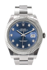 Rolex Datejust 41 Blue Set With Diamonds Dial White Gold Fluted Bezel Mens Watch 126334