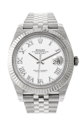 Rolex Datejust 41 White Roman Dial Gold Fluted Bezel Jubilee Mens Watch 126334