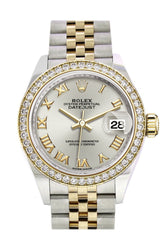 Rolex Datejust 28 Silver Roman Dial Diamond Bezel Yellow Gold Jubilee Ladies Watch 279383Rbr 279383