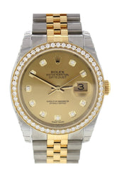 Custom Diamond Bezel Rolex Datejust 36 Champagne Set With Dial Two Tone Jubilee Mens Watch 116233 /