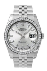 Custom Diamond Bezel Rolex Datejust 36 Silver Index Dial Stainless Steel Jubilee Bracelet Mens Watch