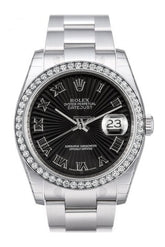 Custom Diamond Bezel Rolex Datejust 36 Black Sunbeam Dial Stainless Steel Oyster Watch 116200