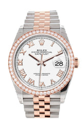 Custom Diamond Bezel Rolex Datejust 36 White Roman Dial Rose Gold Two Tone Jubilee Watch 126201