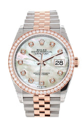 Custom Diamond Bezel Rolex Datejust 36 White Mother-Of-Pearl Set With Diamonds Dial Rose Gold Two