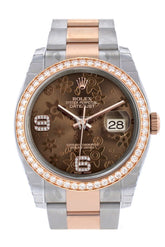 Custom Diamond Bezel Rolex Datejust 36 Chocolate Floral Motif Dial Oyster Rose Gold Two Tone Watch