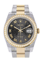 Custom Diamond Bezel Rolex Datejust 36 Black Jubile Roman Dial Oyster Yellow Gold Two Tone Watch