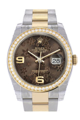 Custom Diamond Bezel Rolex Datejust 36 Bronze Floral Motif Arab Dial Oyster Yellow Gold Two Tone