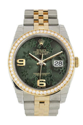 Custom Diamond Bezel Rolex Datejust 36 Green Floral Motif Arab Dial Jubilee Yellow Gold Two Tone