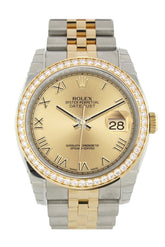 Custom Diamond Bezel Rolex Datejust 36 Champagne Roman Dial Jubilee Yellow Gold Two Tone Watch