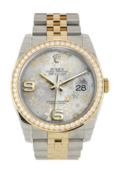 Custom Diamond Bezel Rolex Datejust 36 Silver Floral Motif Arab Dial Jubilee Yellow Gold Two Tone