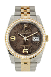 Custom Diamond Bezel Rolex Datejust 36 Bronze Floral Motif Arab Dial Jubilee Yellow Gold Two Tone