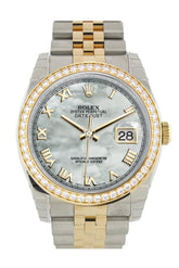Custom Diamond Bezel Rolex Datejust 36 White Mother-Of-Pearl Roman Dial Jubilee Yellow Gold Two Tone