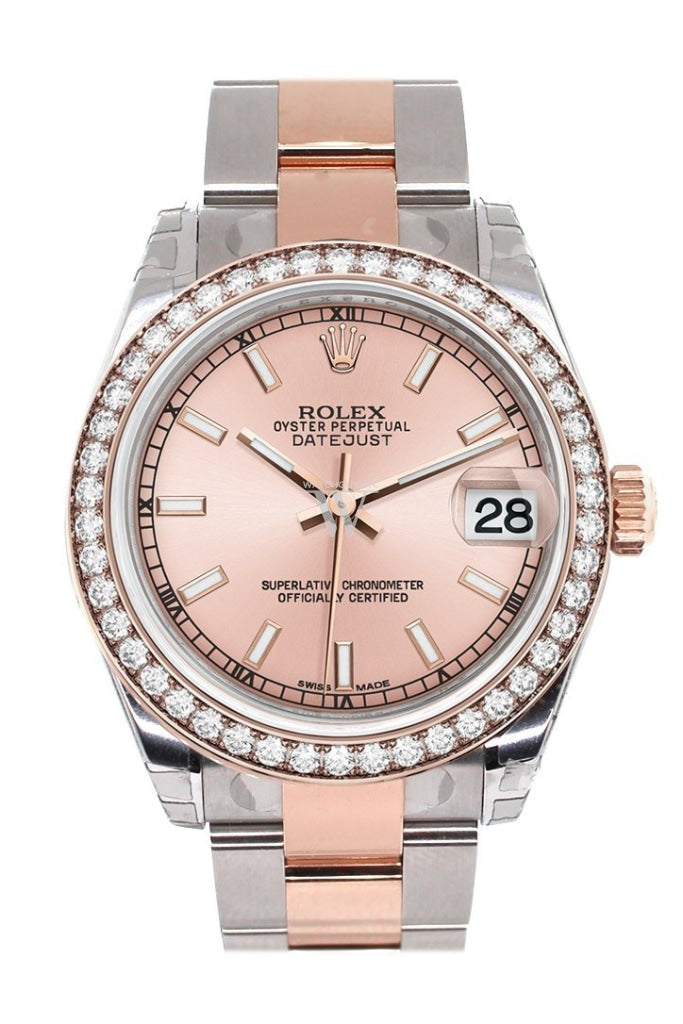 Custom Diamond Bezel Rolex Datejust 31 Pink Dial 18K Rose Gold Two Tone Ladies Watch 178241 Pre-owned