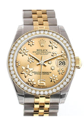 Custom Diamond Bezel Rolex Datejust 31 Champagne Floral Motif Roamn Dial Two Tone 18K Gold Jubilee
