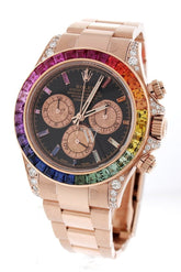 Custom Diamond Rolex Cosmograph Daytona Rainbow Colored Baguette Bezel Rose Gold Oyster Mens Watch