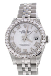 Rolex Datejust 26 White Roman Dial Custom Diamond Bezel Ladies Watch 179160 Custom-Bezel