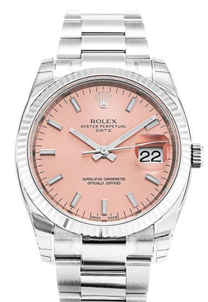 ROLEX 115234 Date 34 Pink Dial Steel White Gold Watch WatchGuyNYC