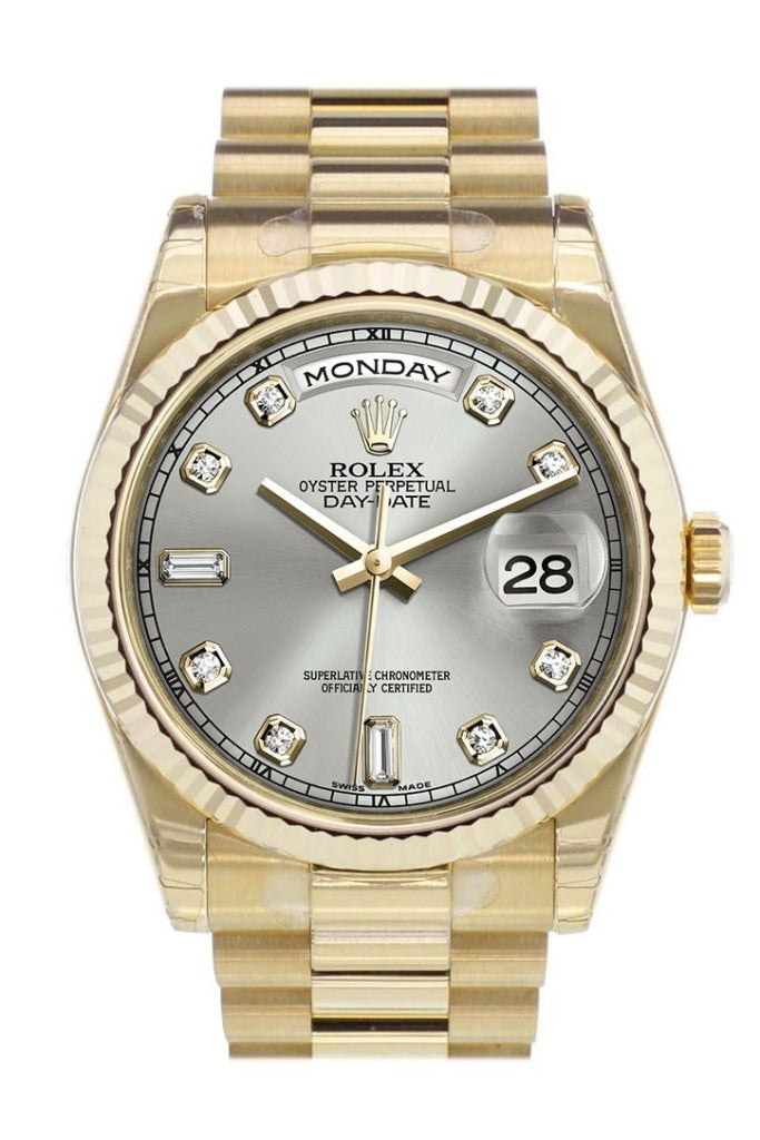 Rolex 118238 Day Date 36 Silver Diamond Dial Gold President Watch WatchGuyNYC