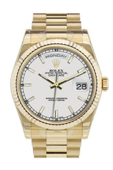 Rolex Day-Date 36 White Dial Fluted Bezel President Yellow Gold Watch 118238