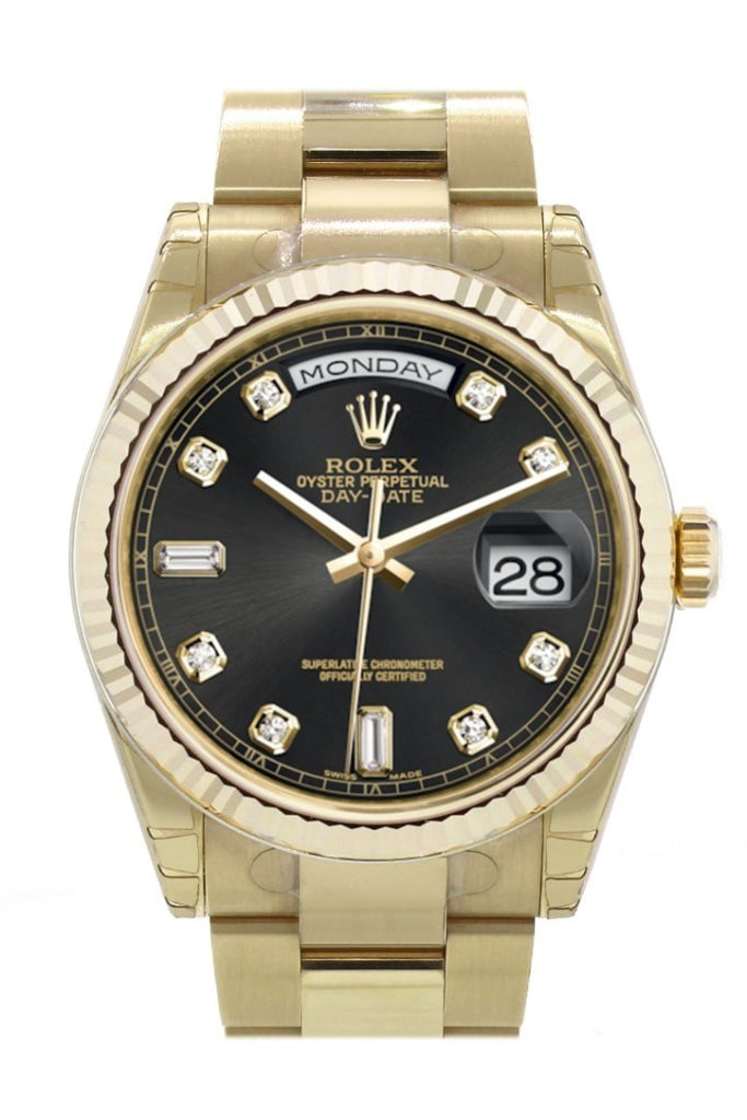 ROLEX 118238 Day Date 36 Black diamonds Dial Yellow Gold Watch WatchGuyNYC