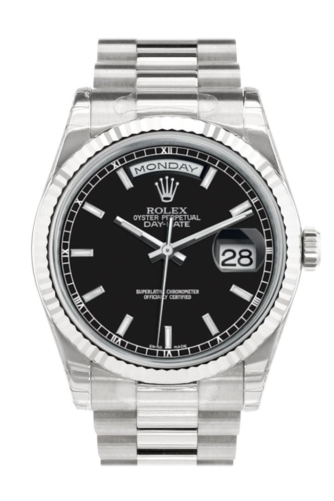 Rolex Day-Date 36 Black Dial Fluted Bezel President White Gold