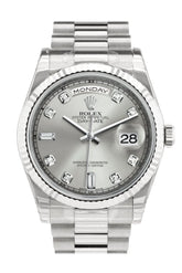 Rolex Day-Date 36 Silver Set With Diamonds Dial Fluted Bezel President White Gold Watch 118239