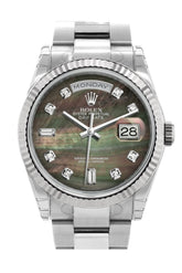 Rolex Day-Date 36 Black Mother-Of-Pearl Set With Diamonds Dial Fluted Bezel Oyster White Gold Watch