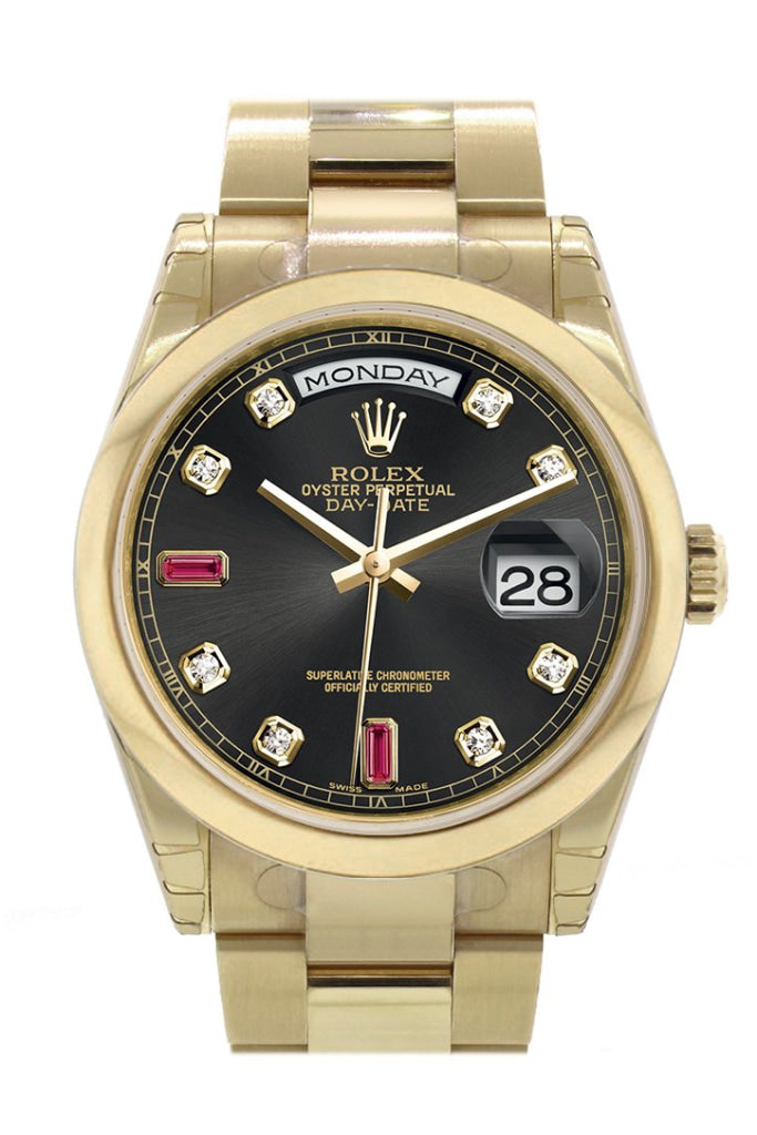 ROLEX 118208 Day-Date 36 Black Diamonds rubies Dial Yellow Gold
