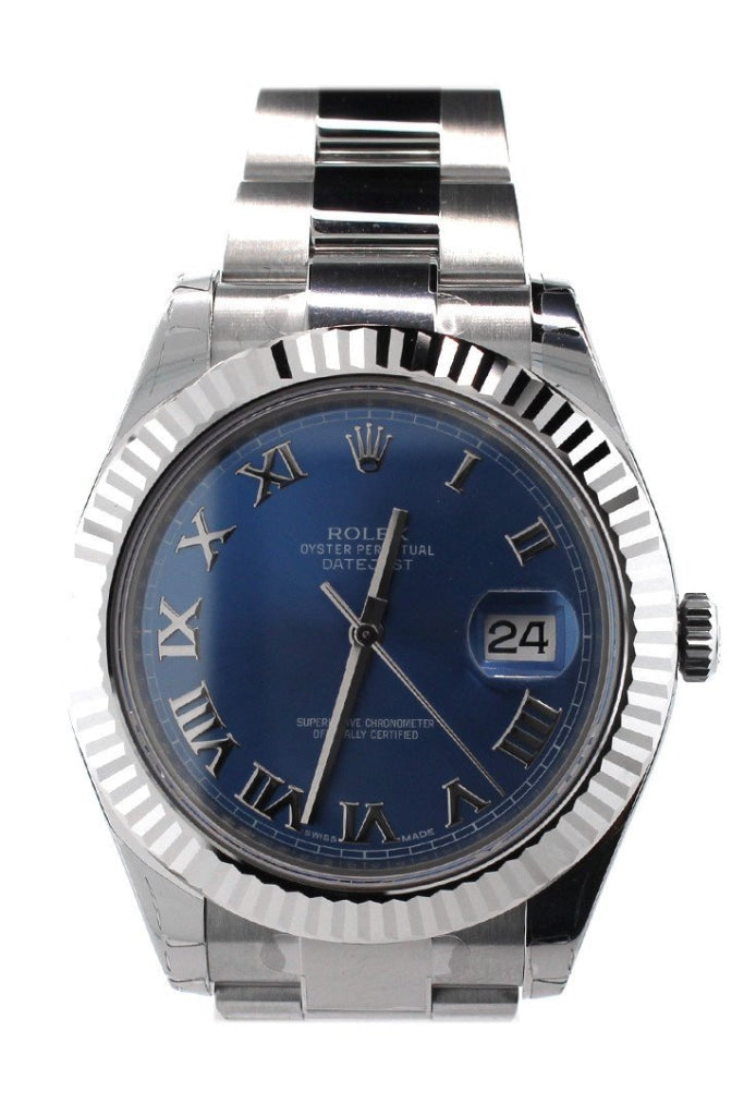 ROLEX 116334 Datejust II 41 Blue Roman 18kt White Gold Fluted