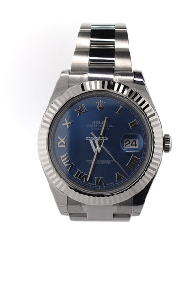 ROLEX 116334 Datejust II 41 Blue Roman 18kt White Gold Fluted