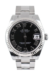 Rolex Datejust 31 Black Roman Dial 18K White Gold Fluted Bezel Ladies Watch 178274 / None