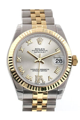 Rolex Datejust 31 Silver Roman Large Vi Diamond Dial Fluted Bezel 18K Gold Two Tone Jubilee Ladies