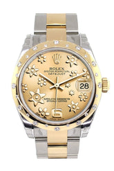Rolex Datejust 31 Champagne Floral Motif Romandial Diamond Bezel 18K Gold Two Tone Ladies 178343 /