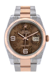 Rolex Datejust 36 Chocolate Floral Motif Set With Diamonds Dial Fluted Steel And 18K Rose Gold