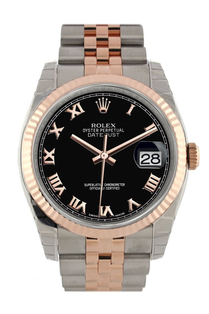 Rolex Datejust 36 Black Roman Dial Fluted Steel and 18K Rose Gold Jubilee Watch 116231