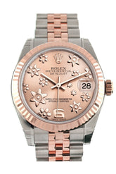 Rolex Datejust 31 Pink Raised Floral Motif Dial Fluted Bezel 18K Rose Gold Two Tone Jubilee Ladies